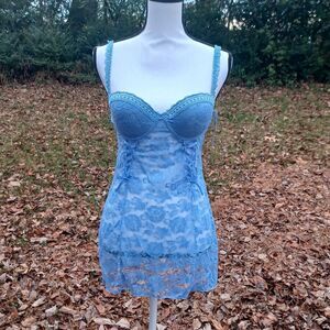Cassandra Womens Size M Blue Lace Floral 2 Piece Nightie Thong Lingerie Set NWT